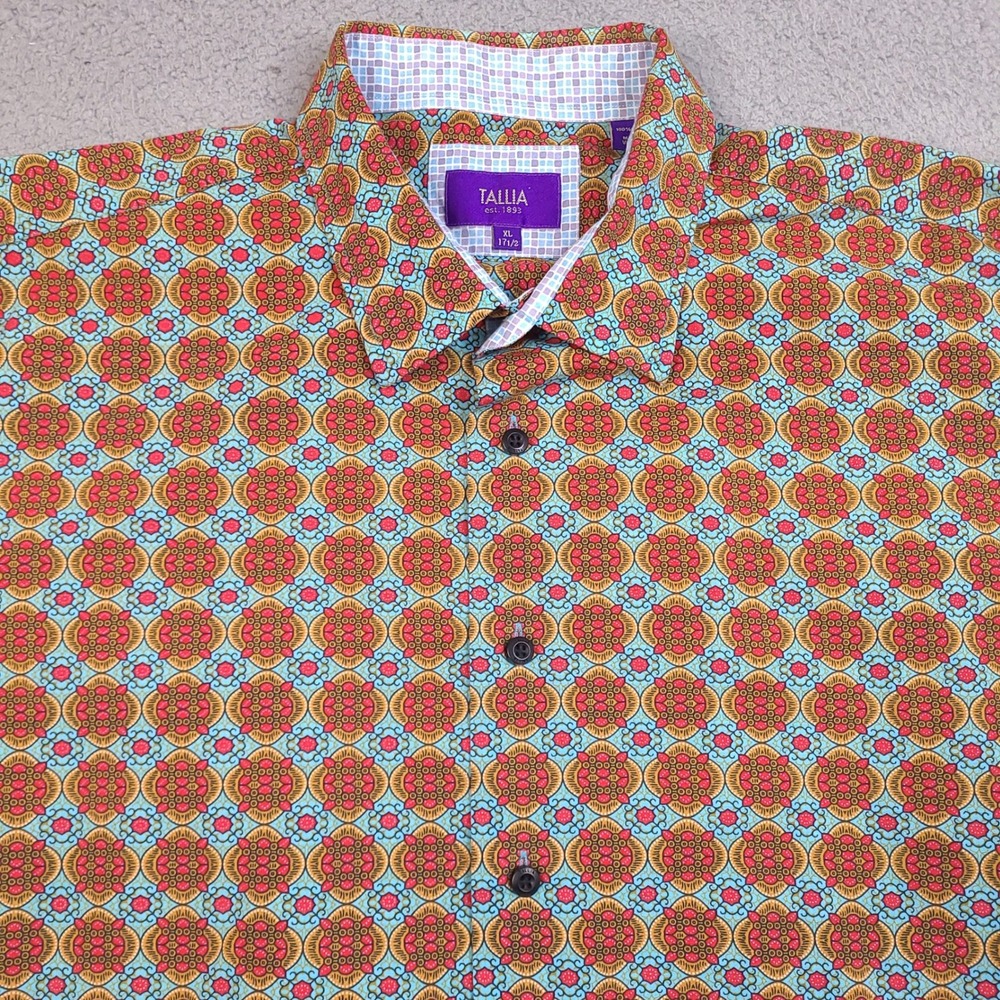 Tallia Button Down Shirt Mens XL 17.5 Orange Geometric Medallion Contrast Cuff